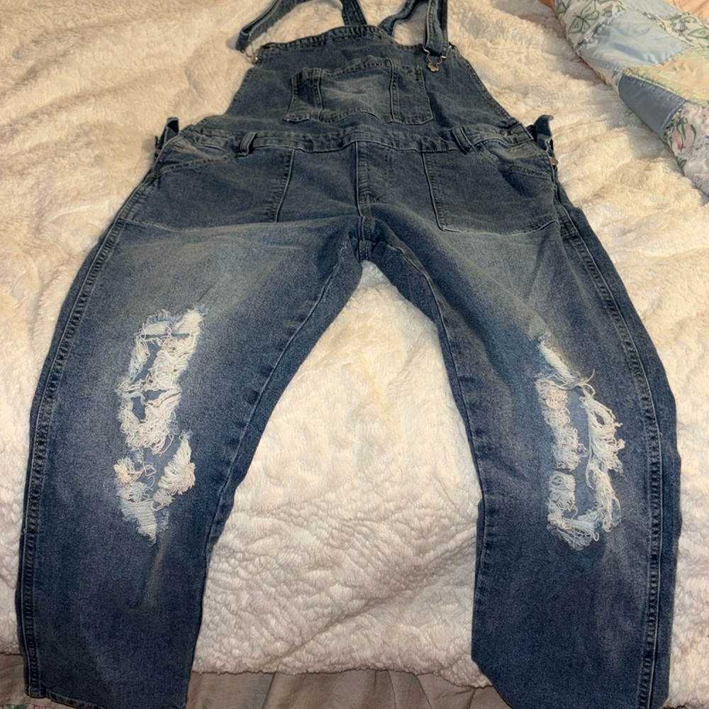 Celebrity Pink Blue Distressed Straight Leg Jumpsuit